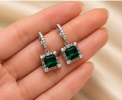 Art Deco 10.81CT Colombian Emerald Square Cut & White CZ Earrings Set For Girls.