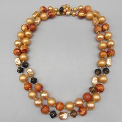 Vintage Hong Kong Necklace MCM Beaded Orange Brown Double Strand 19 Inch