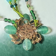 Vintage OOAK Green Cat’s Eye Glass Beaded Necklace Rhinestone Brooch Statement