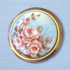 Porcelain Floral Brooch Gold Tone Round Pink Rose Vintage Pin