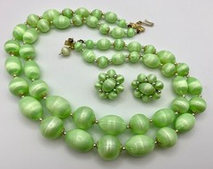 Vintage Lime Green Satin Finish 2-Strand Necklace & Clip Earrings Set MCM Japan