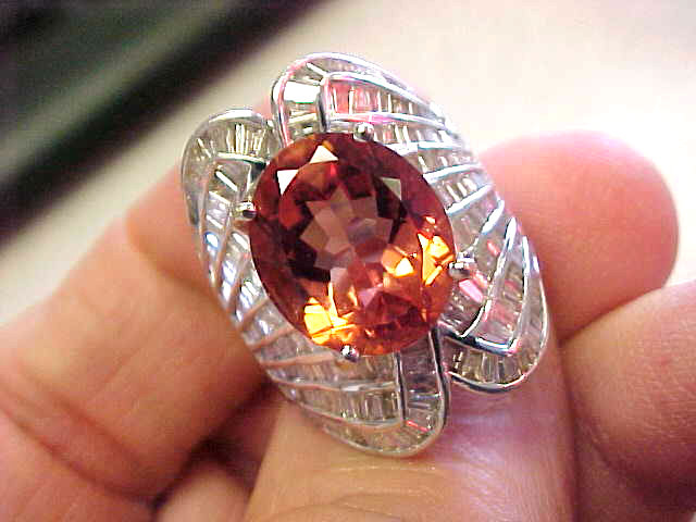 Spectacular Salmon Tourmaline & Baguette Diamond Ring 14k W.G. 6.5 Make Offer