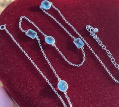 VTG Sterling Silver 925 Aqua Blue Glass Station Necklace Adjustable 21” Signed