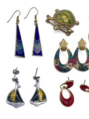 11pc Vintage Enamel Jewelry Lot 5 Pair Earrings Turtle Brooch Cloisonne