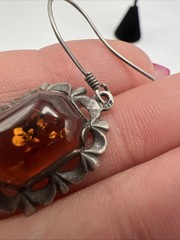 VTG Sterling Silver Amber Dangle Earrings 925 Pierced Floral Cognac Baltic Style