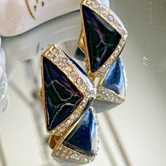 Vintage Ciner Asymmetrical Gold Plated Black Enamel Crystal Clip-On Earrings