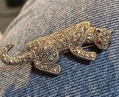 VINTAGE STERLING SILVER BROOCH MARCASITE CHEETAH 925 STAMPED CAT LEOPARD