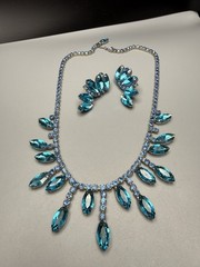 Necklace & Clip On Earrings Set Aqua Blue Rhinestone Fringe Style VTG 17” 50-60s