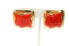 Vintage Clip On Earrings Gold Tone Red Enamel