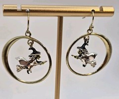 Avon 2008 Flying Witch Earrings Halloween Dangle Gold Tone Hoop Vintage Costume