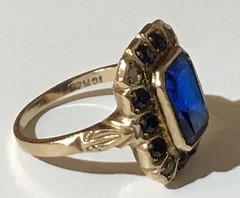 ANTIQUE 10K GOLD FAUX FACETED SAPPHIRE & PASTE STONES RING SIZE 6*