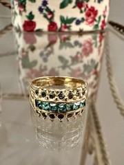 Vintage 18KT HGE Gold Plated Teal Green CZ Rhinestones Ring Size 5