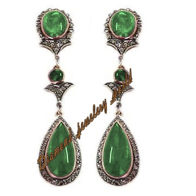 1.89ctw Rose Cut Diamond Emerald Studded Silver Vintage Gorgeous Earring Jewelry