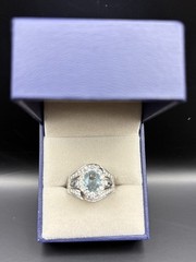 LARGE 2.50 CT DIAMOND & AAA AQUAMARINE 925 STERLING OVAL PEAR SHAPE HALO RING
