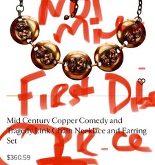50’s MCM Copper Necklace Choker Comedy Tragedy Mask Mid Cent UNIQUE RARE!! 17.4”