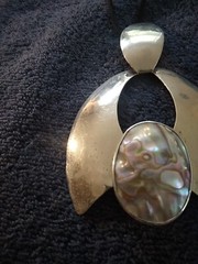 Florelle Pendant Necklace Silver Plated Metal Abalone Signed Vtg Bold Statement