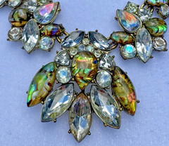 Runway Rhinestone Bib Necklace Iridescent Shell Cabochon Statement