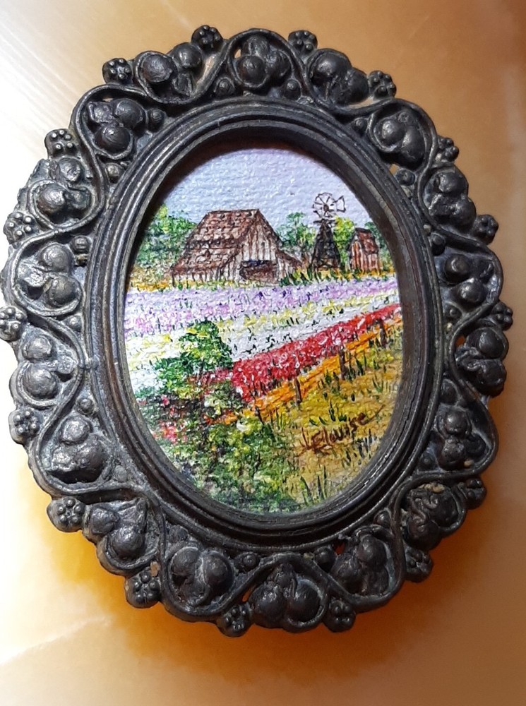 Vintage Brooch Mini Painting Lompoc Flower Field Farm Wine CA. Signd Frame Italy
