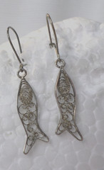 Vintage Filigree Spun Silver Rustic Fish Drop Dangle Wire Pierced Earrings