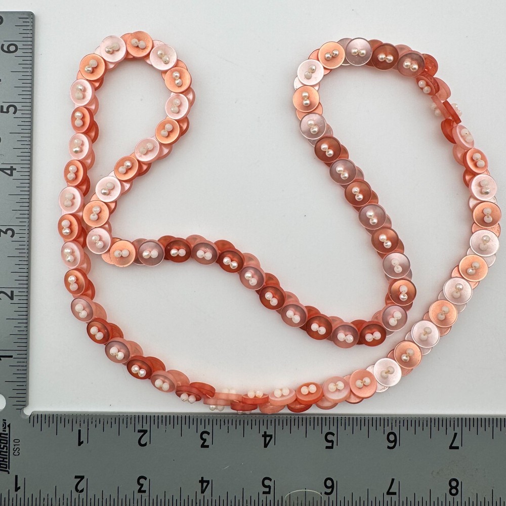 Vintage Pink Peach Button Disc Faux Pearl Bead Long Necklace 32 Inch Costume Vtg