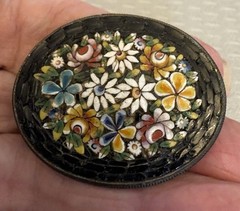 Antique Micro Mosaic Brooch Signed FAP Italy Black Daisy Bouquet Brass C hook