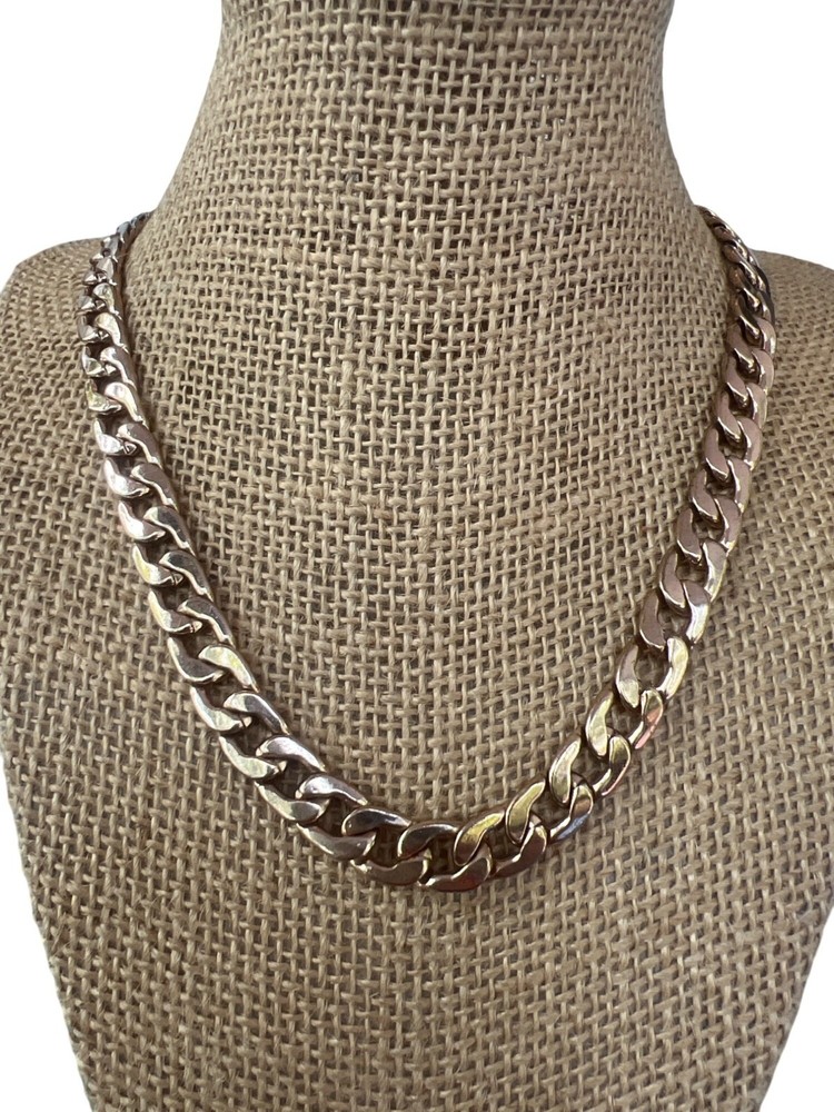 Vintage Gold Tone Cuban Chain Necklace Flat Unisex Lobster Clasp Adj 16″ + 2.5″