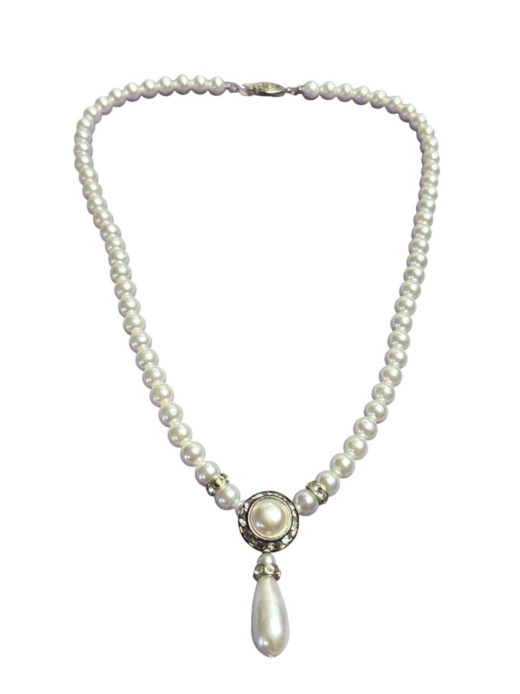 Vintage Plastic Faux Pearl Beaded Drop Necklace Clear Rhinestone Halo