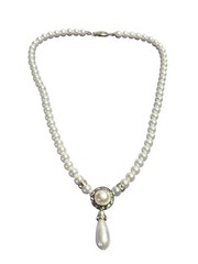 Vintage Plastic Faux Pearl Beaded Drop Necklace Clear Rhinestone Halo