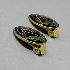 Cloisonne Stud Button Earrings Flower Iris Enamel Black Base Clip On Vintage .75