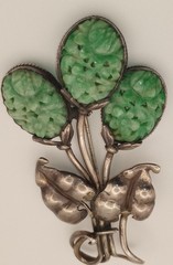 Vintage Chinese Carved Jadeite 3 Flowers Sterling Silver Leaves Brooch Jade Pin