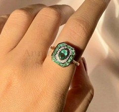 Vintage Art Deco Style Oval Lab Created Emerald Engagement 14K Gold Finish Ring