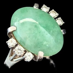 Vintage Jade Diamonds 14k White Gold Cocktail Ring Statement Estate Gift Retro