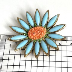 Vintage Signed CAPRI Turquoise Blue Flower Brooch Orange Enamel Gold Tone Pin