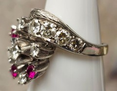 Vintage GOTHIC Kinsley & Sons Inc. 14K White Gold Diamond Ruby Ring 1940s Rare