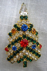 3 CHRISTMAS BROOCHES TREES + SLEIGH with RHINESTONES ~ SIGNED ROMAN & OTHERS