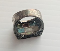 Vintage Multicolor Stone Flush Geometric Grid Sterling Silver Ring Size 5.5
