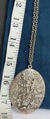 Vintage Large Oval Pastoral Scene Locket Pendant Necklace 30” Chain Silver Tone