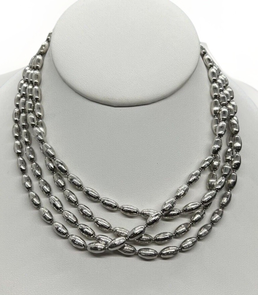 Metallic Oval Textured Beaded Necklace Vintage Silver Tone Opera 54 in