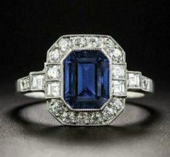 2.50Ct Blue Sapphire Emerald Bezel Set Antique Wedding Ring Solid 14K White Gold