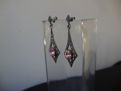 VINTAGE ARROW TEARDROP PINK TOPAZ W/ MARCASITE SILVER 925 DANGLE STUD EARRINGS