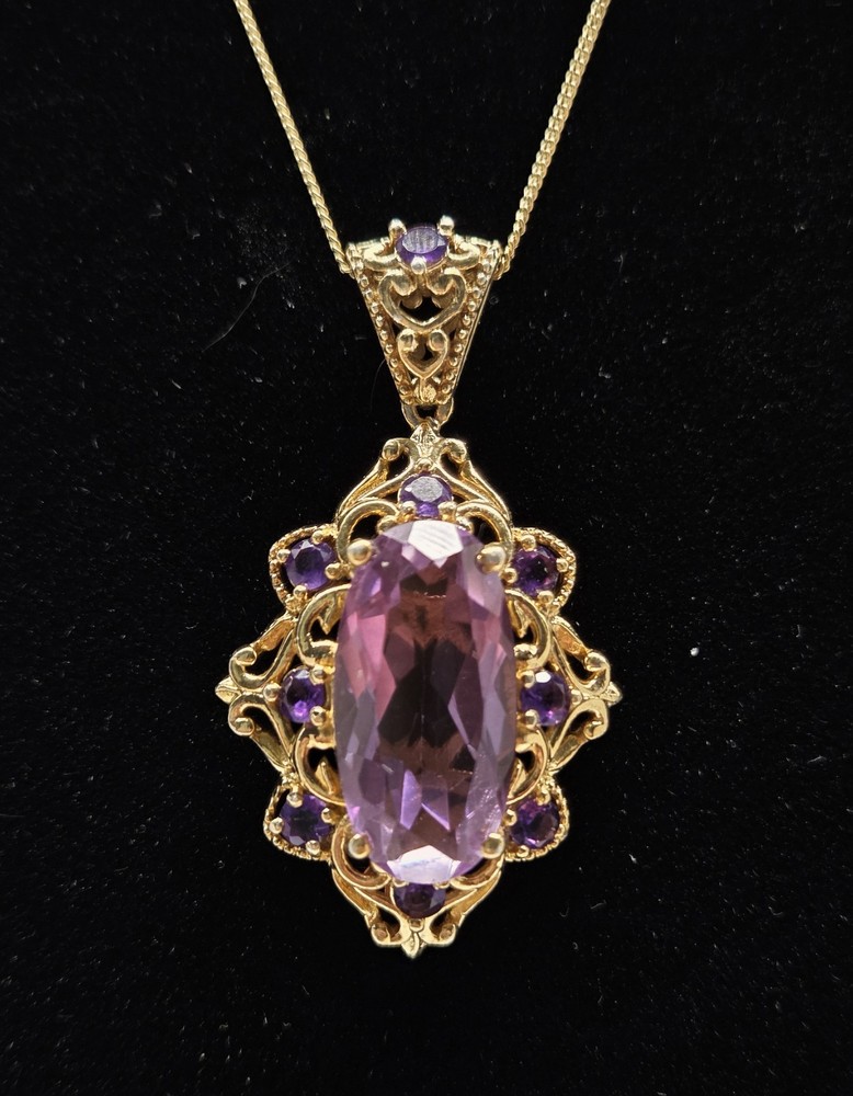 Amethyst Purple STS Sterling Silver Pendant Necklace Gold Over 925 Faux RS 20″