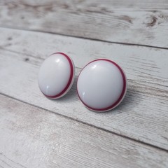 Vintage Stud Earrings For Pierced Ears Slightly Domed White with Red