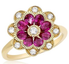 1.52CT DIAMOND & AAA RUBY 14KT WHITE GOLD 3D PEAR SHAPE & ROUND FLOWER FUN RING