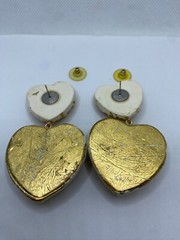 Vintage Gilt Resin Heart Dangle Pierced Earrings Gold Ball Studded 3″ Long Drop
