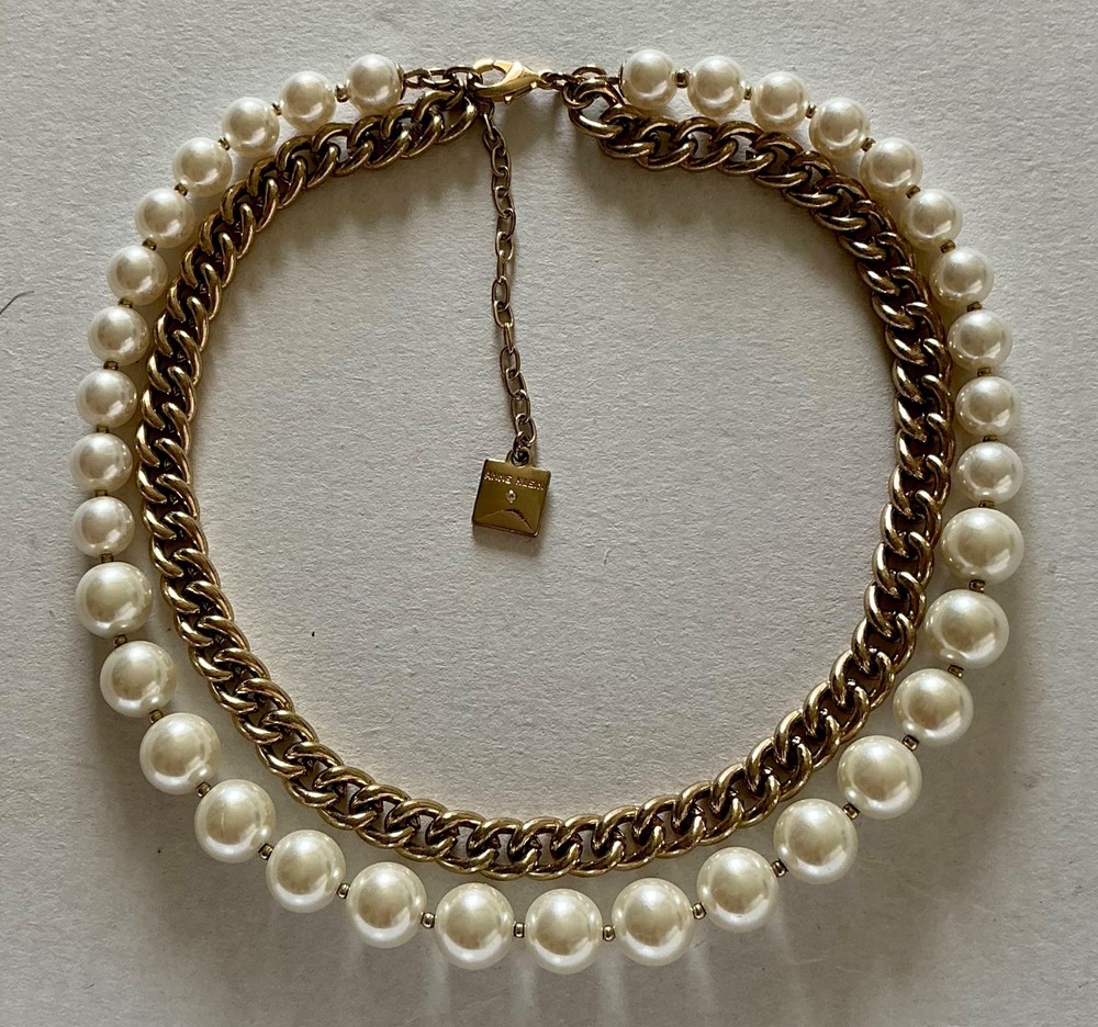 VINTAGE ANNE KLEIN Signed Pearls Gold Metal Chain Collar Choker Necklace