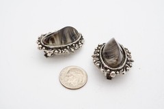 Vintage Clip On Earrings Silver Tone Molded Stone