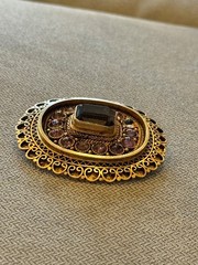 Vintage Israel 935 Silver Citrine Amethyst Cabochons Filigree Brooch Pin