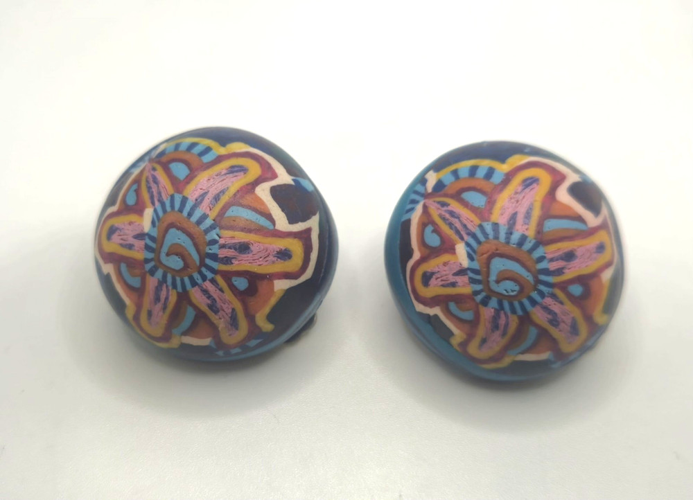 Vintage Hand Painted Polymer Clay Clip-On Earrings