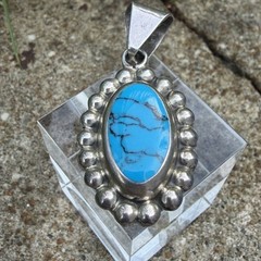 Vintage Taxco TD-29 Sterling Silver 1.75 Pendant Dyed Howlite Mexico Bubble Rope