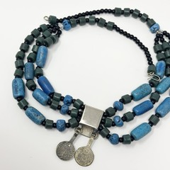 Vintage Antique Silver Tone Bedouin Glass Trade Beads Necklace Artisan Coins 21”